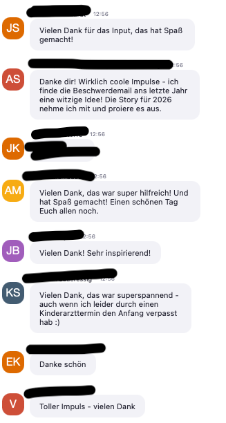 Screenshot mit Rückmeldungen von Teilnehmenden aus dem Chat