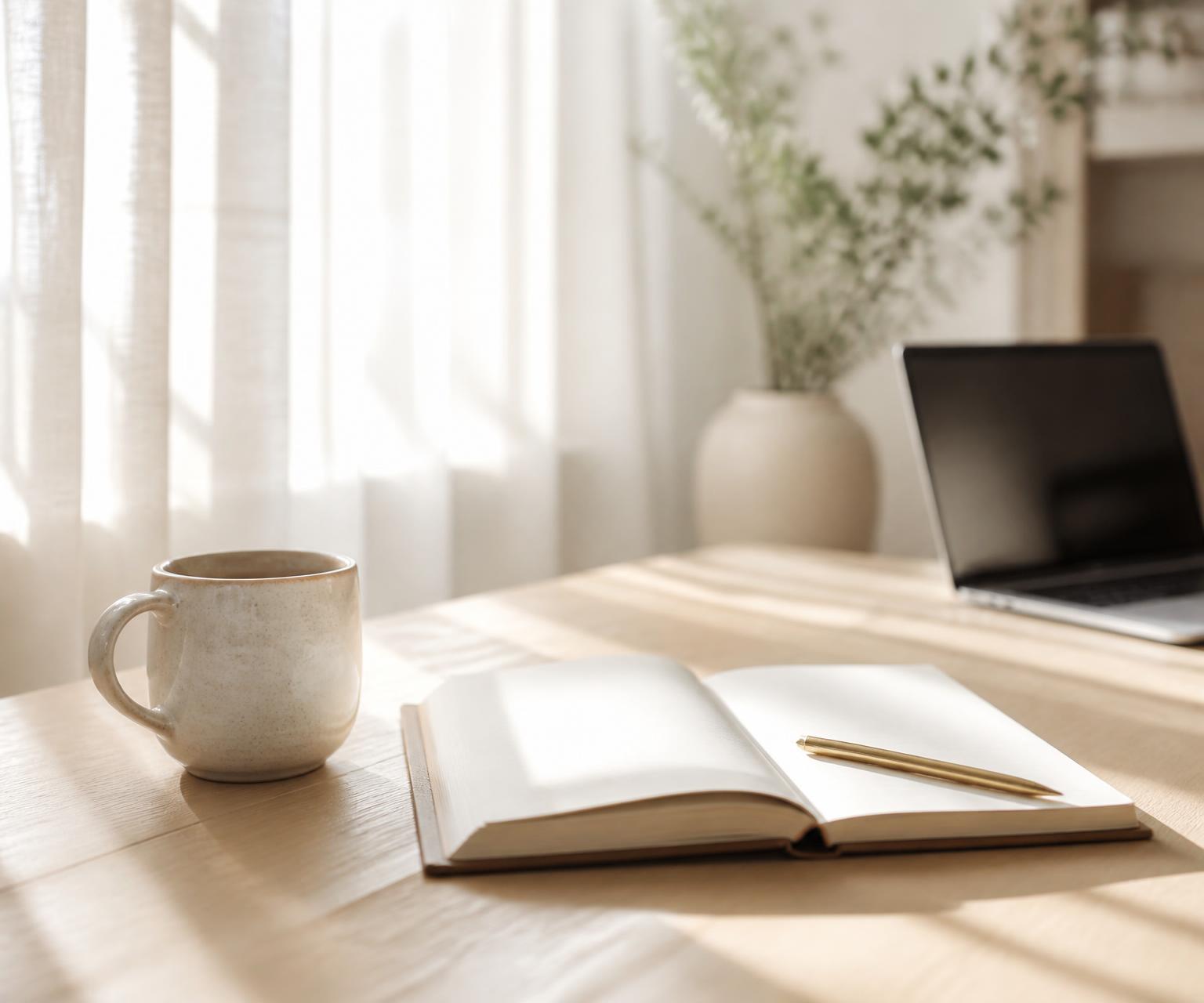 Heller Frühstückstisch im Morgenlicht mit Kaffeetasse, aufgeschlagenem Notizbuch und Stift