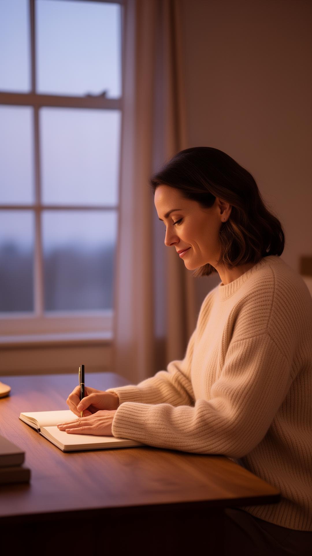Frau am Schreibtisch im warmen Abendlicht beim Schreiben in ein Notizbuch